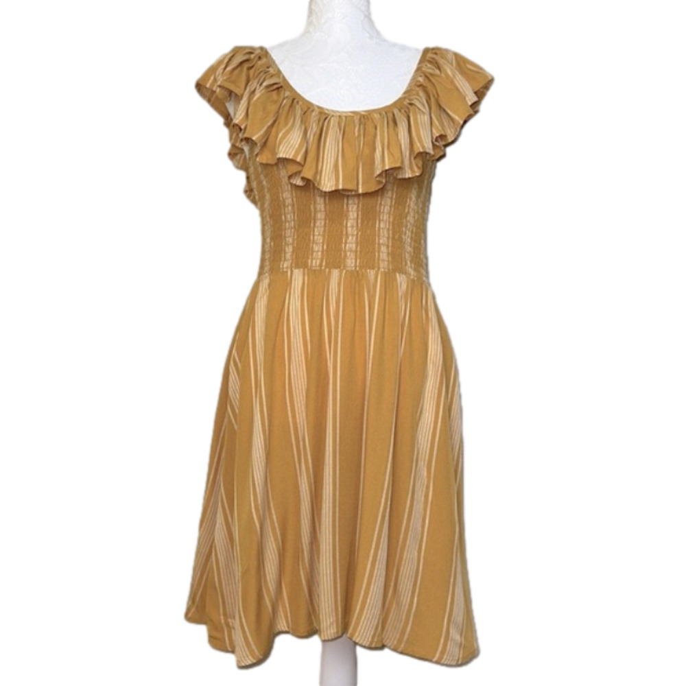 Rip Curl Fiesta Horizontal Stripe Smocked Mustard Yellow Ruffle Dress - Size Med